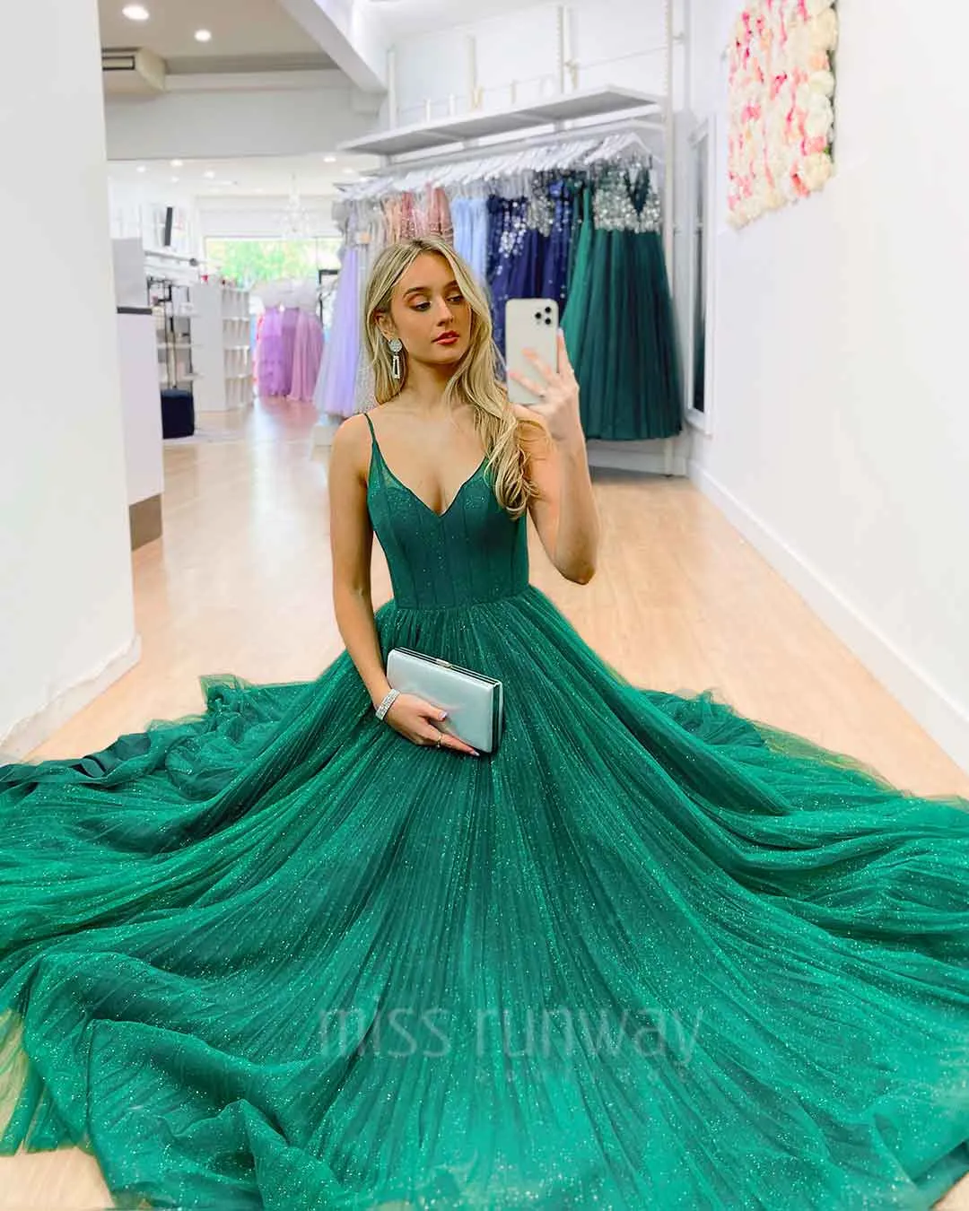 Masha Tulle Glitter Gown - Emerald Green