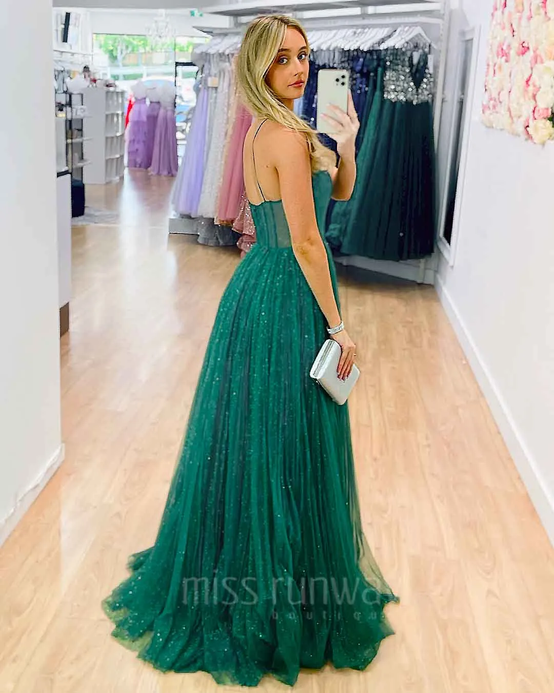 Masha Tulle Glitter Gown - Emerald Green