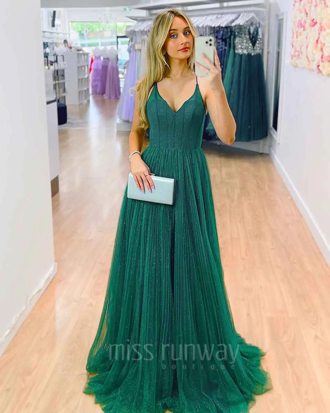 Masha Tulle Glitter Gown - Emerald Green