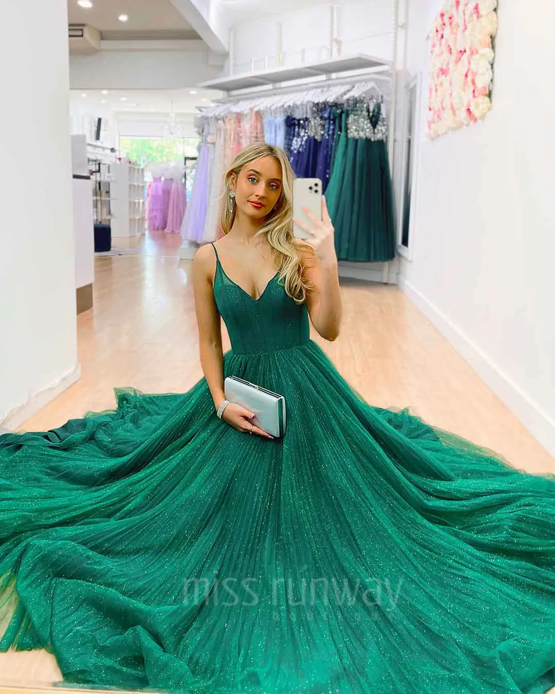 Masha Tulle Glitter Gown - Emerald Green