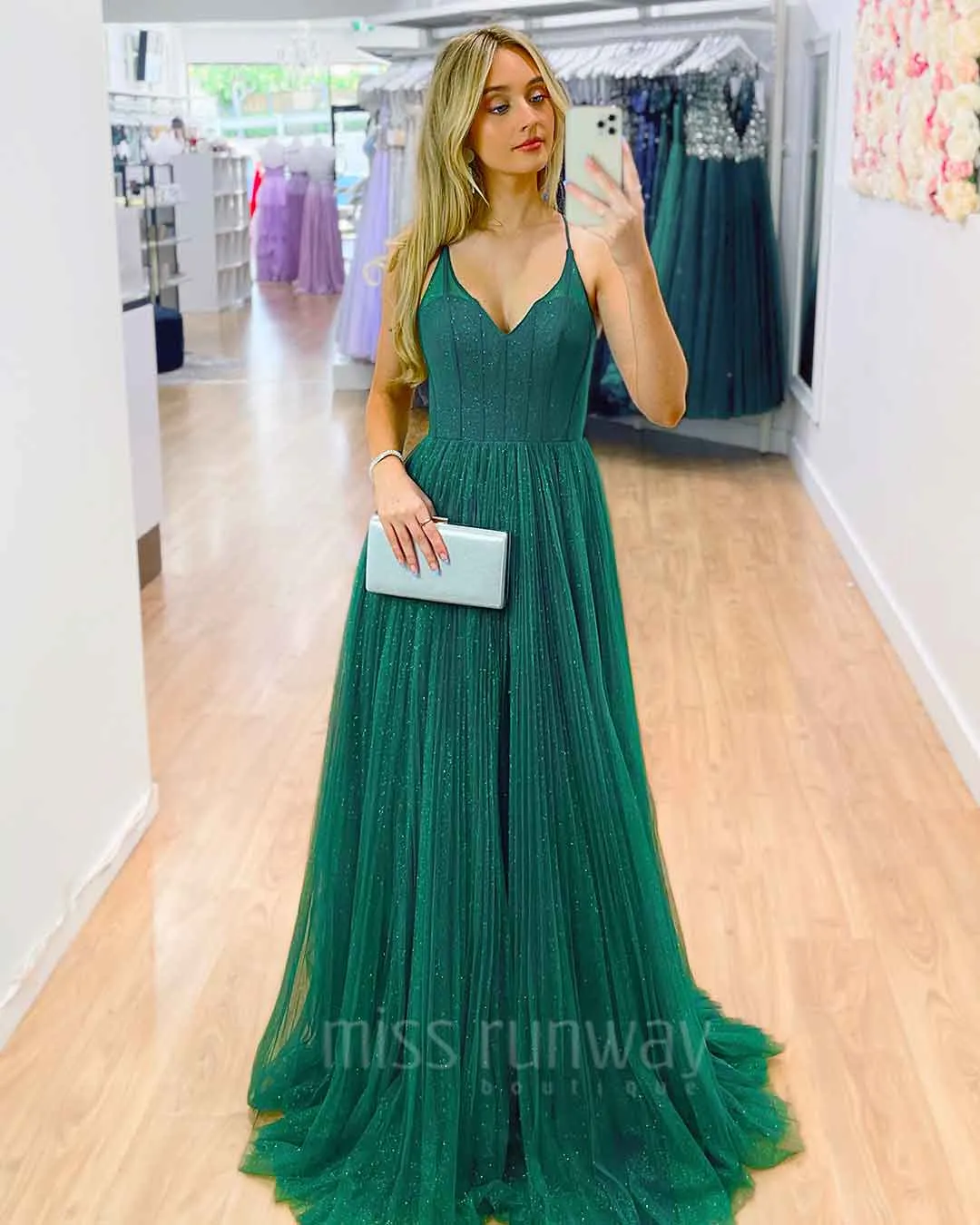 Masha Tulle Glitter Gown - Emerald Green