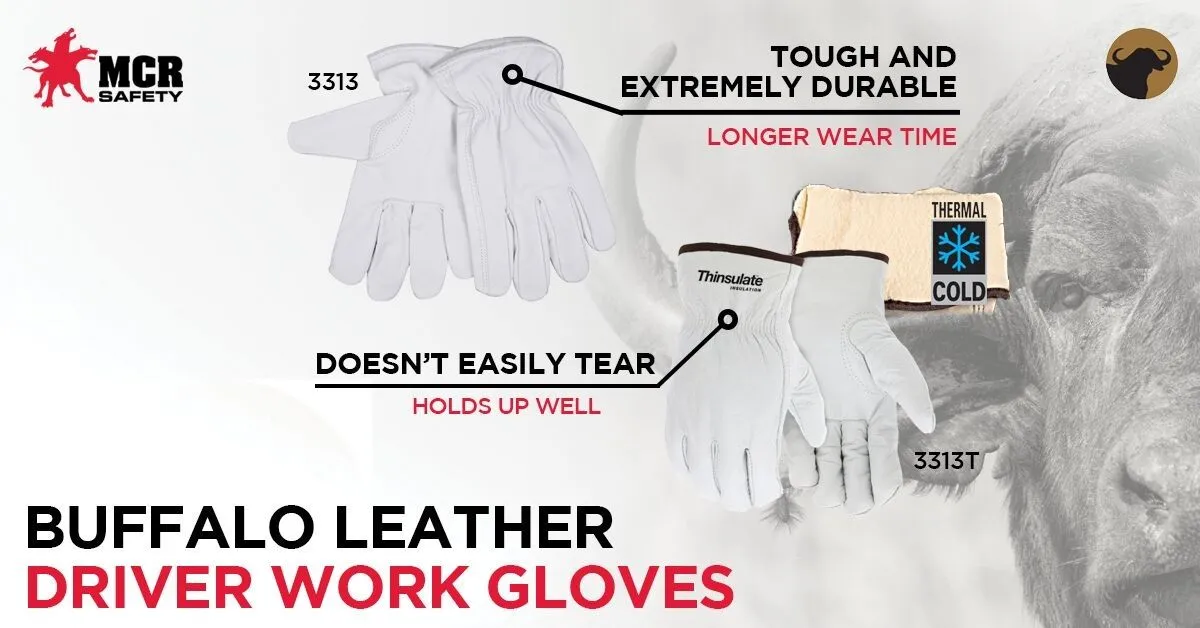 MCR Safety 3313L Buffalo Grain Leather, Drivers Work Gloves, White, Large, 1 Dozen