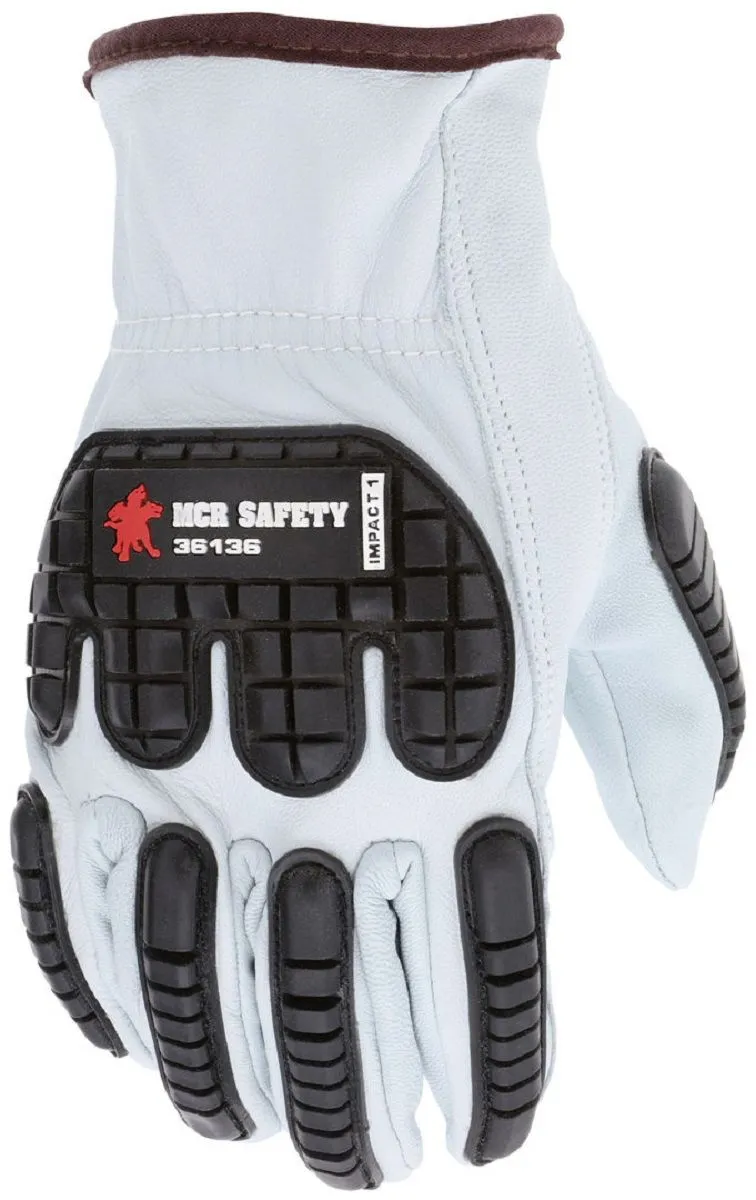 MCR Safety 36136 Grain Goatskin Leather with TPR Back of the Hand, Drivers Work Gloves, White, Box of 12 Pairs