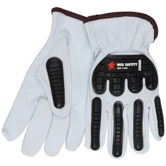 MCR Safety 36136 Grain Goatskin Leather with TPR Back of the Hand, Drivers Work Gloves, White, Box of 12 Pairs