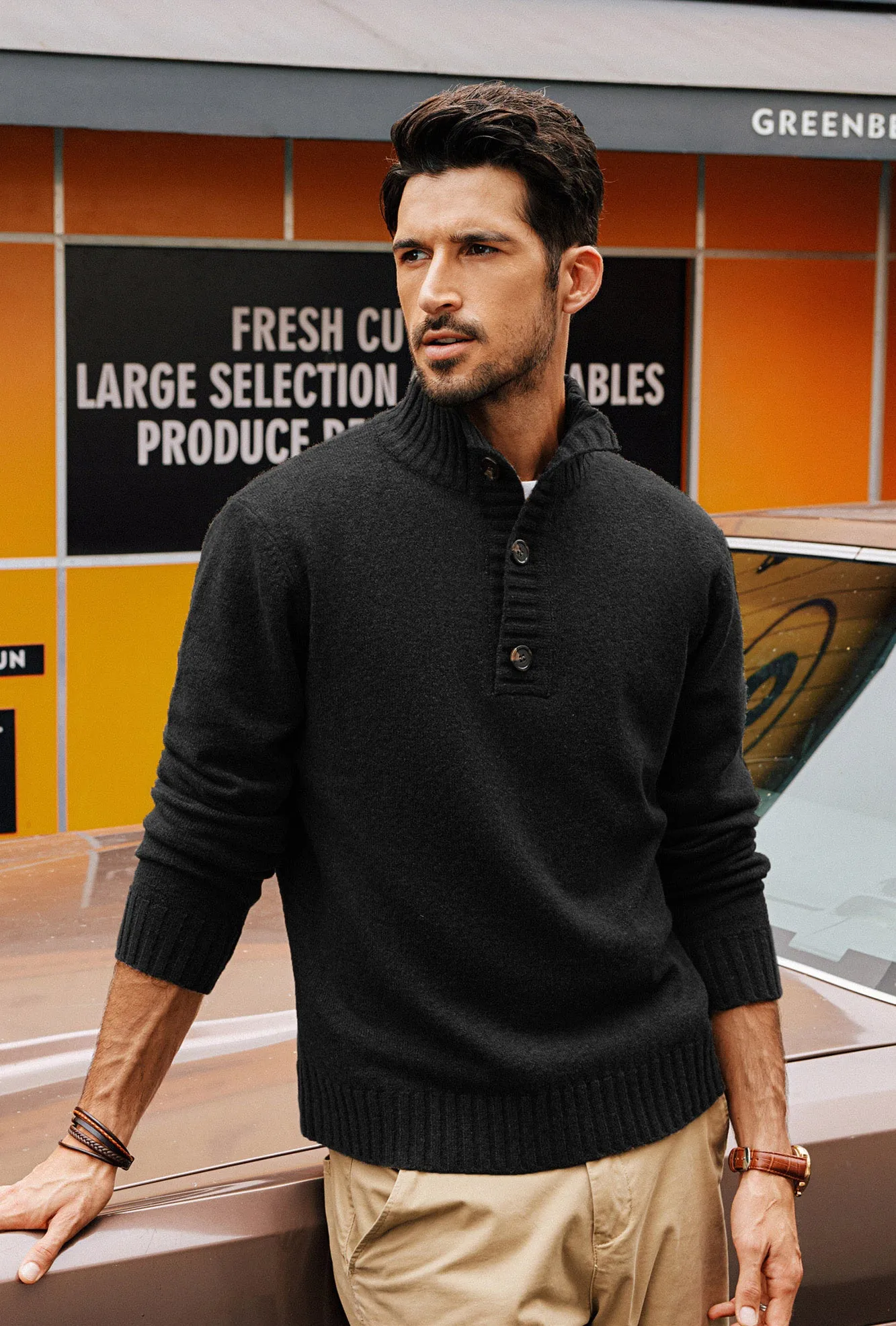 Men Stand Collar Sweater Long Sleeve Ribbed Cuff Pullover Jumper