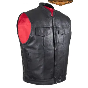 Mens Leather Motorcycle Club Vest With Pockets