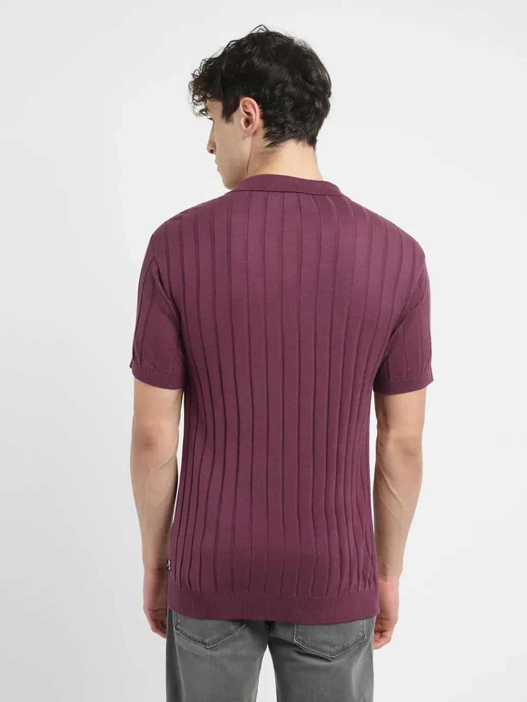 Men's Striped Purple Polo Collar Sweater