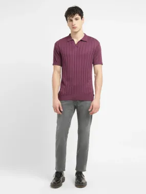 Men's Striped Purple Polo Collar Sweater