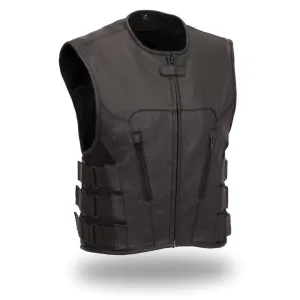 Men's Updated SWAT Team Style Leather Vest Unique Styling Hidden Front Zipper