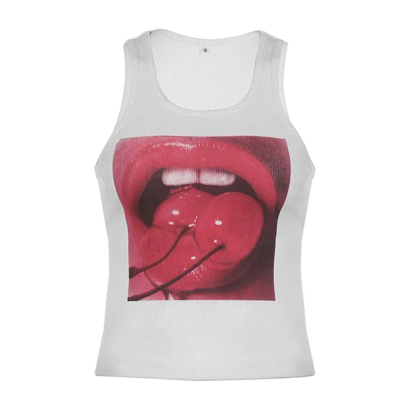 Metaversmall Casual Bodycon White Summer Tank Top Short Graphic Print Sleeveless Tee Korean Outfits Cutecore Women Vest Crop Tops