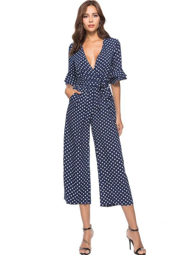 Mid-sleeve V-neck Dot Print Jumpsuit