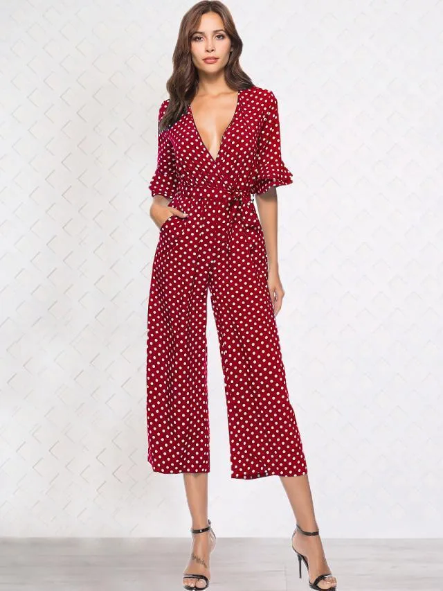 Mid-sleeve V-neck Dot Print Jumpsuit