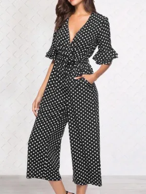 Mid-sleeve V-neck Dot Print Jumpsuit