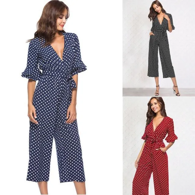 Mid-sleeve V-neck Dot Print Jumpsuit