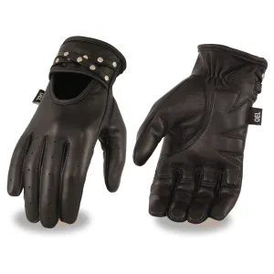 Milwaukee Leather MG7765 Women's Black Leather Gel Palm Open Wrist Motorcycle Hand Gloves W/ Stylish ‘Wrist Detailing’