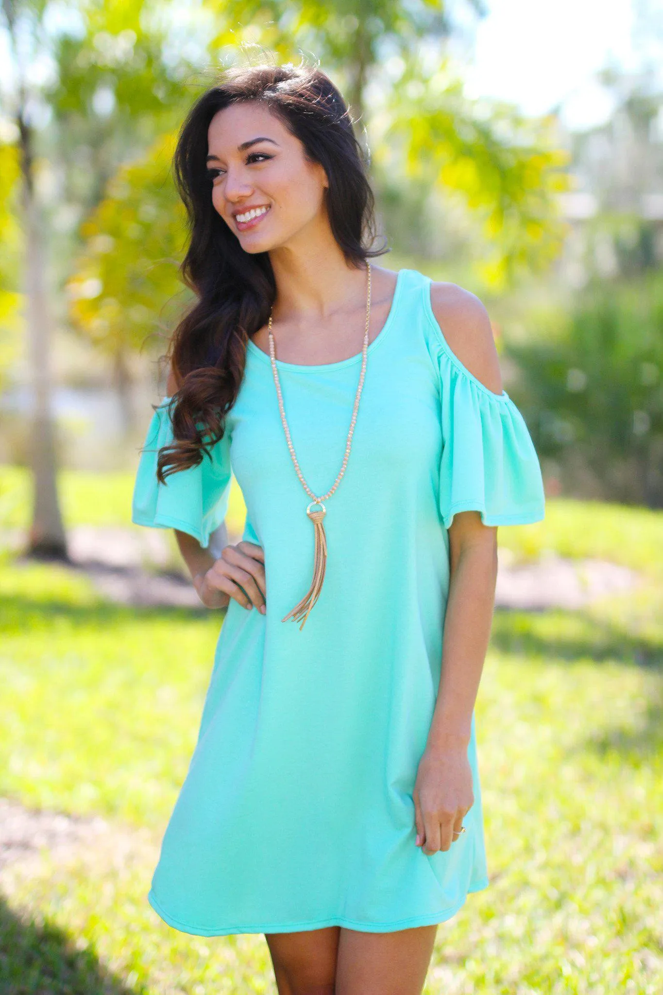 Mint Open Shoulder Ruffle Sleeves Tunic