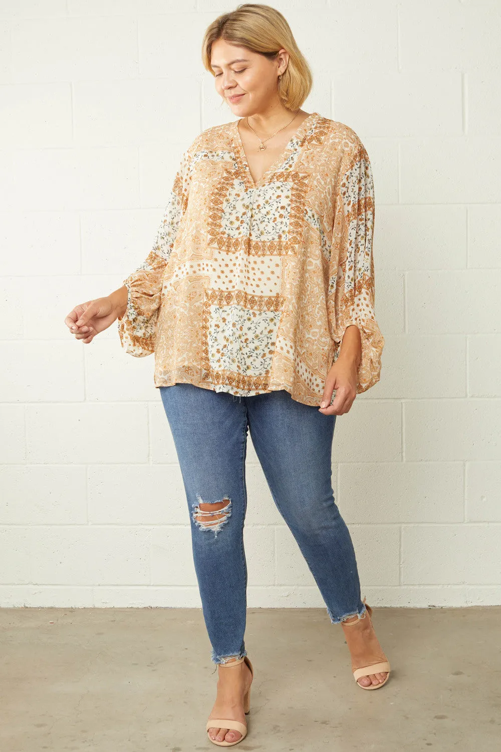 Mixed Print Bubble Sleeve Blouse