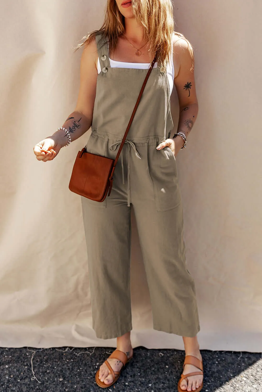 Modern Cropped with Buttoned Straps and Drawstring Jumpsuit