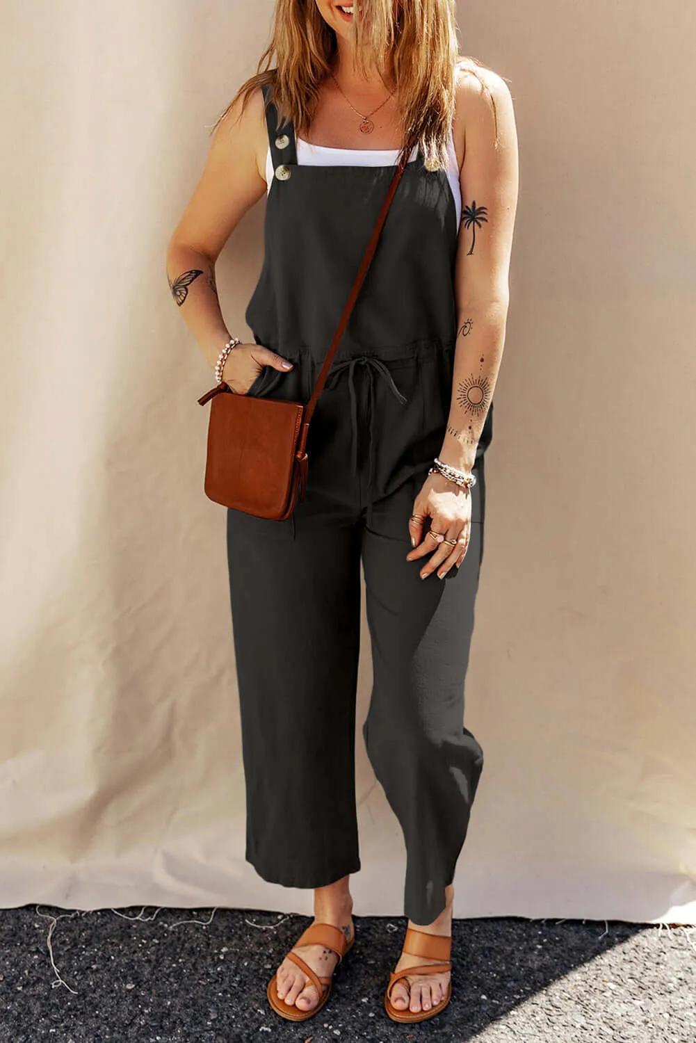 Modern Cropped with Buttoned Straps and Drawstring Jumpsuit