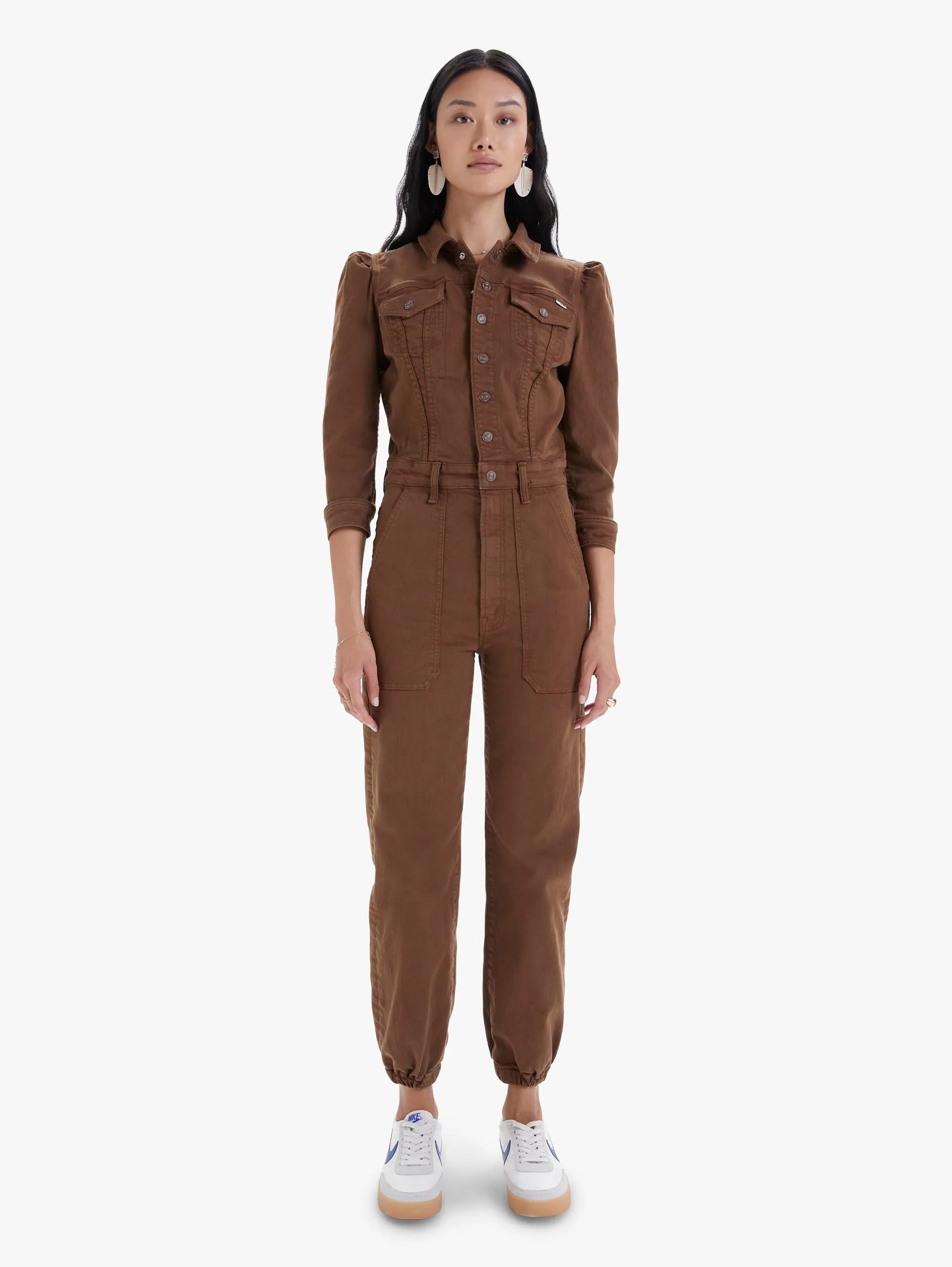 Mother - The Puffy Wrapper Jumpsuit in Dark Earth