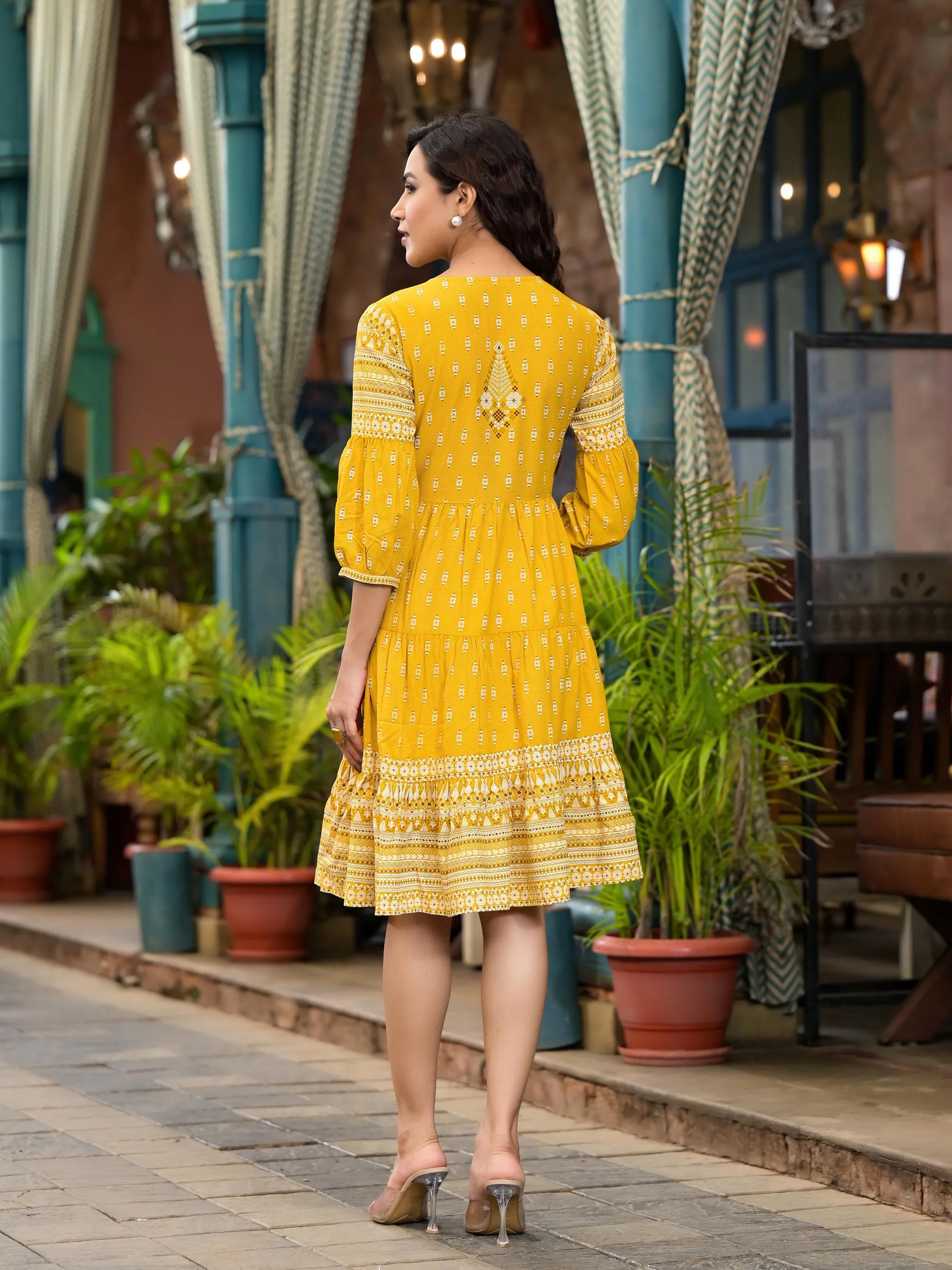 Mustard Ethnic Motif Printed Liva Rayon Dress With Thread Work & Tassels