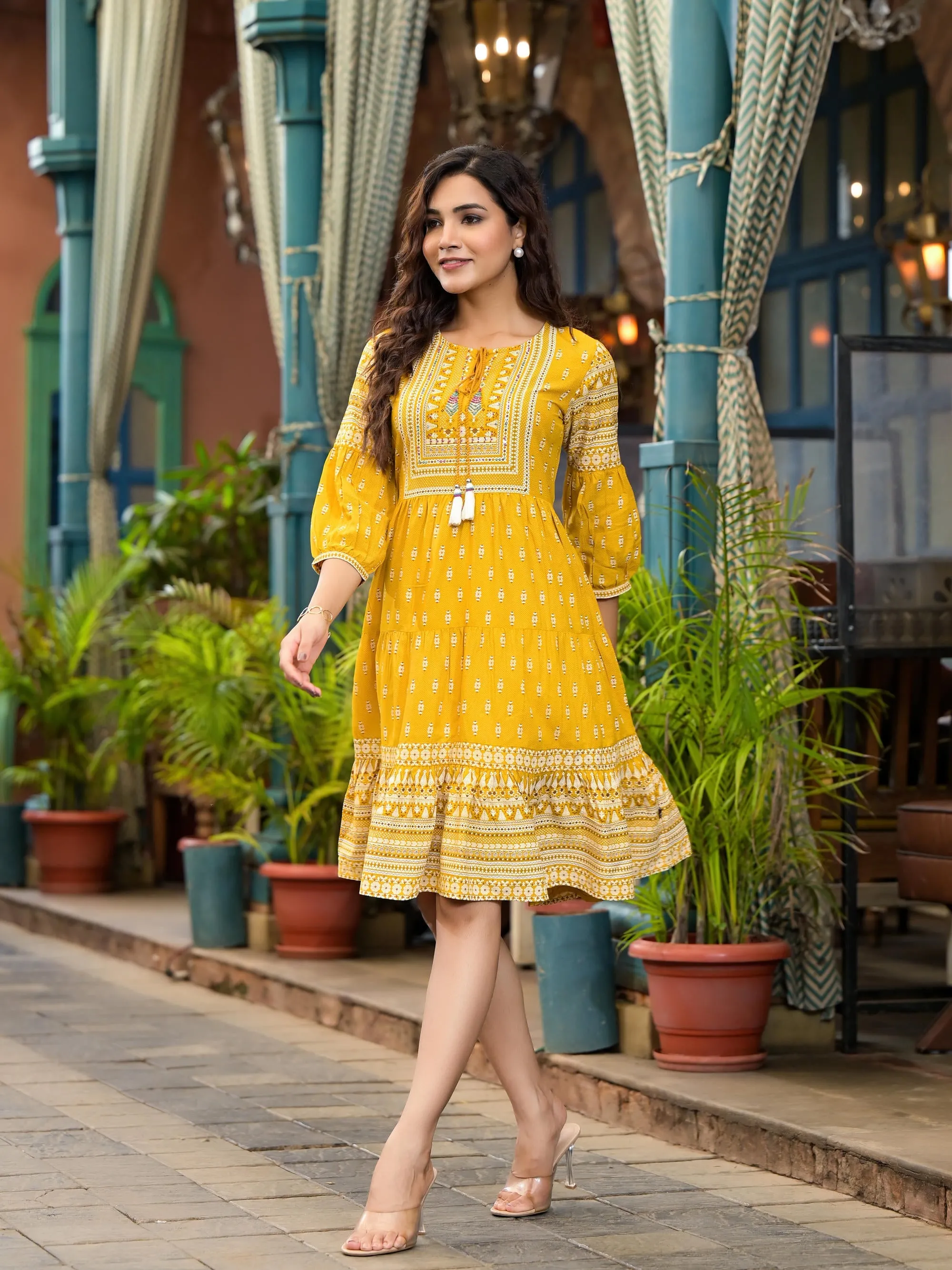 Mustard Ethnic Motif Printed Liva Rayon Dress With Thread Work & Tassels