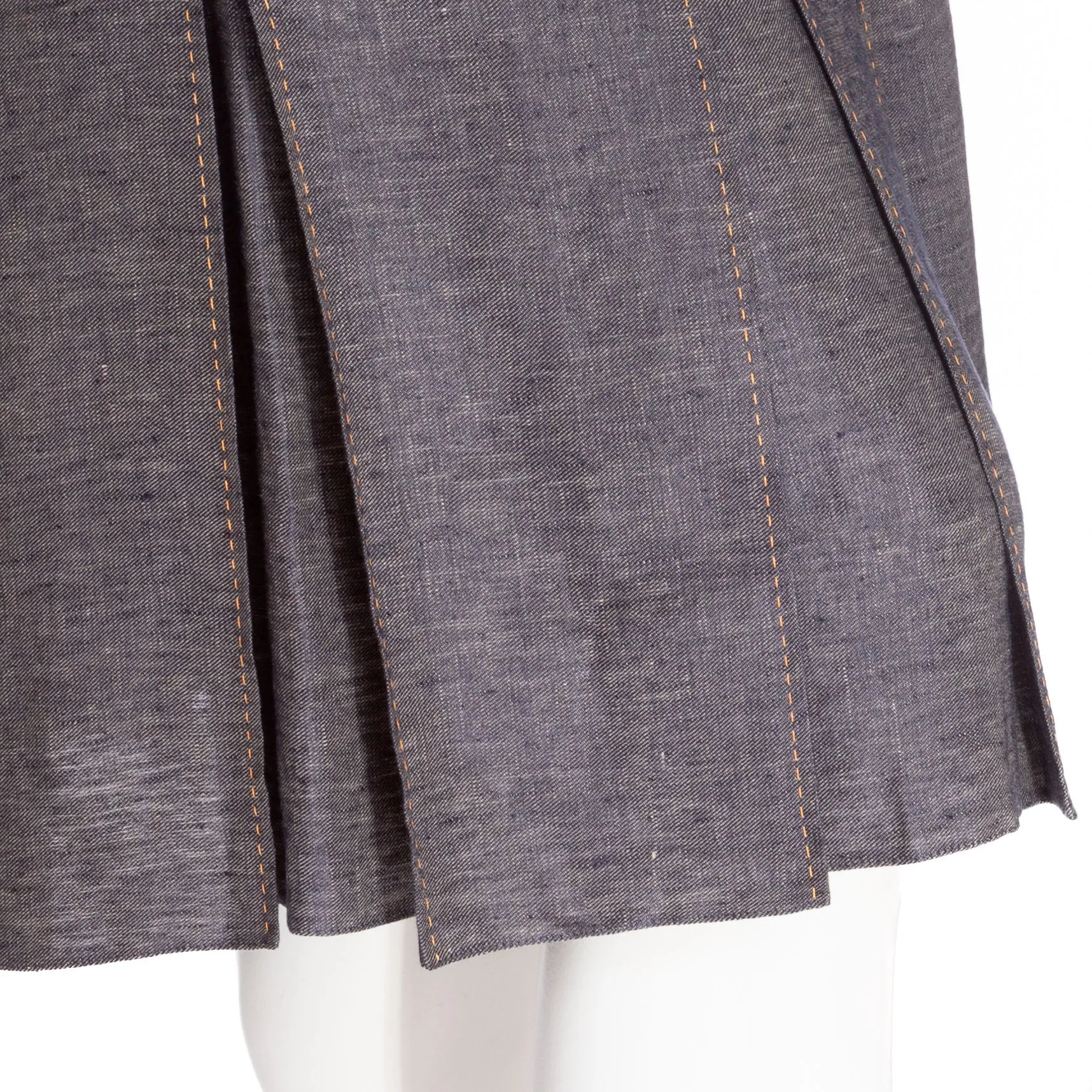 Navy Blue Linen Pleated A-Line Skirt