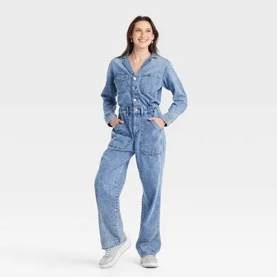 New - Women's Long Sleeve Utility Baggy Denim Jumpsuit - Universal Thread