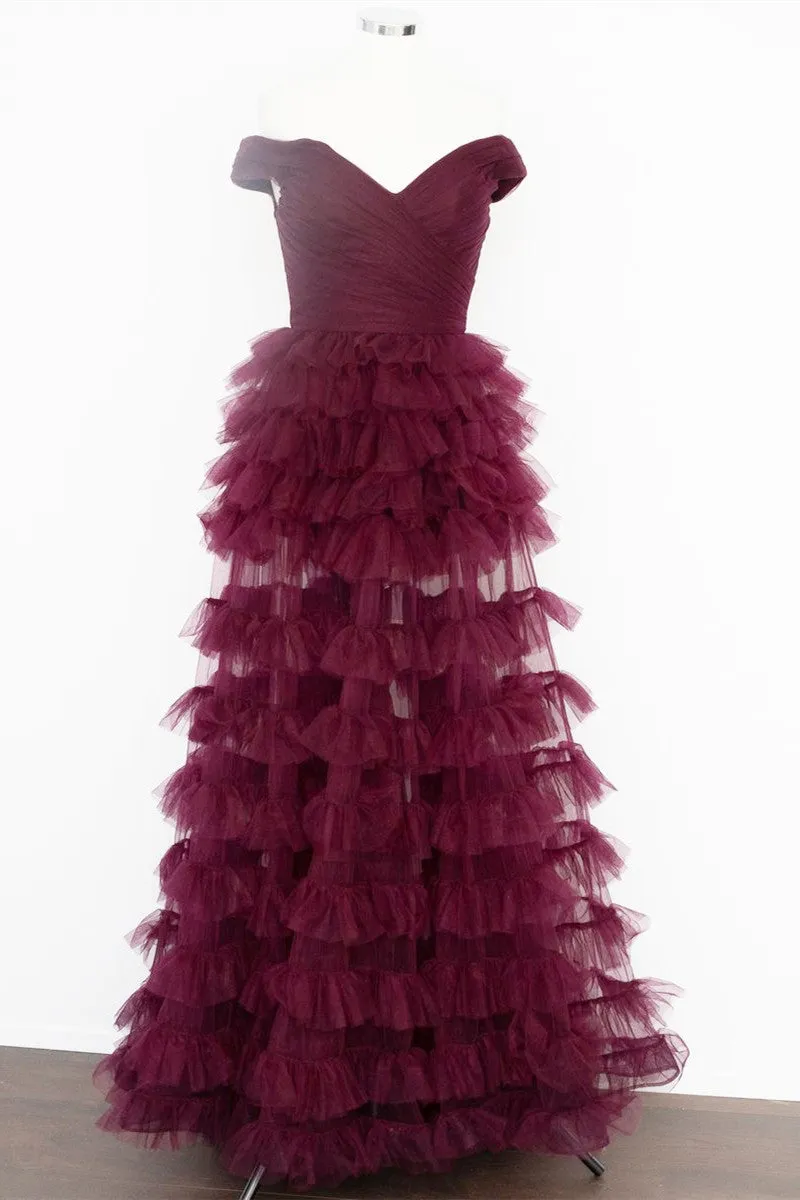 Off the Shoulder Dark Berry Pleated Sheer Tiered Prom Dress