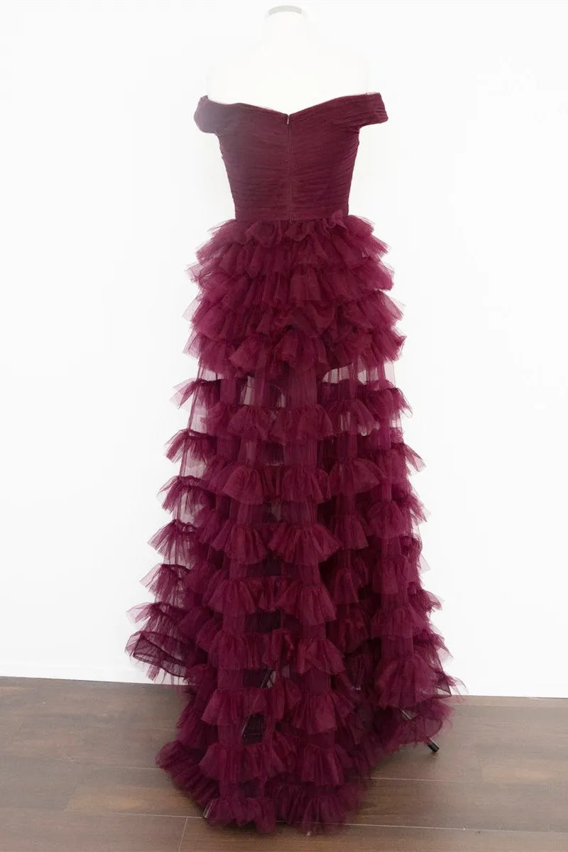 Off the Shoulder Dark Berry Pleated Sheer Tiered Prom Dress