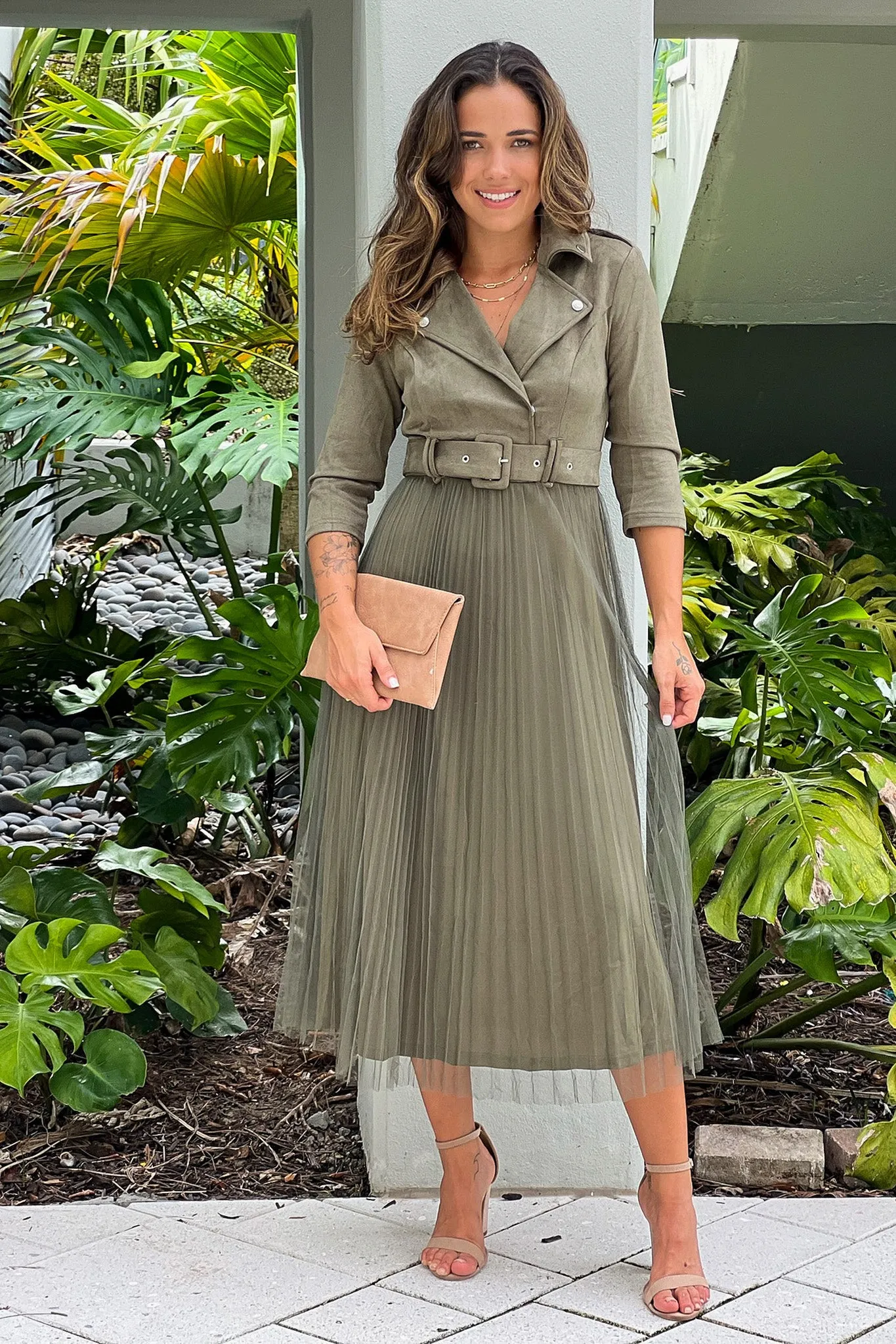 Olive Pleated Skirt And Suede Top Dress