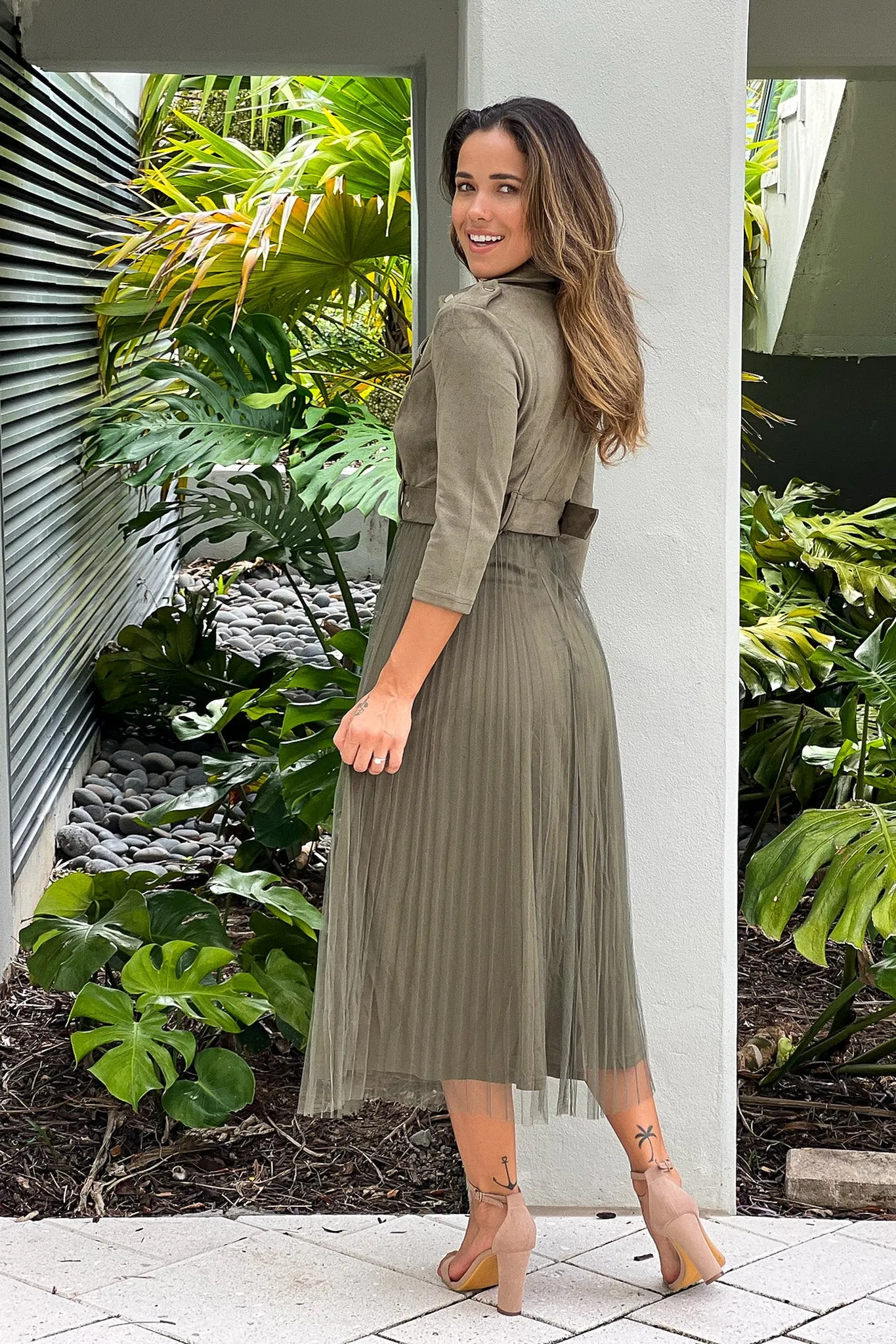 Olive Pleated Skirt And Suede Top Dress