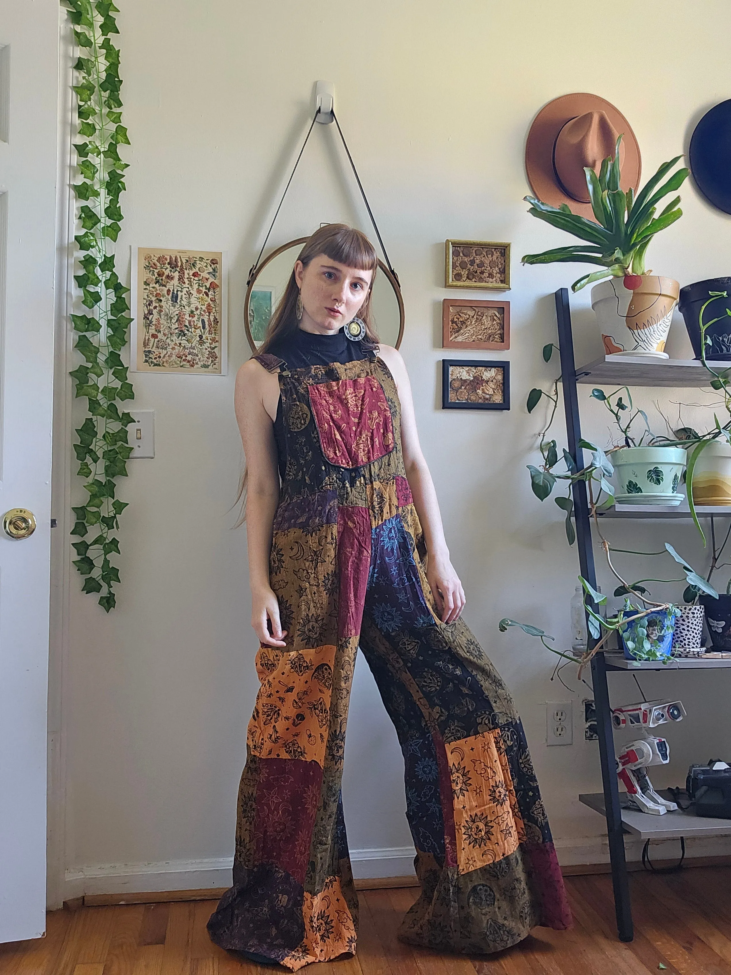 Patchwork Celestial Mushroom Wide Leg Bell Bottom Jumpsuit