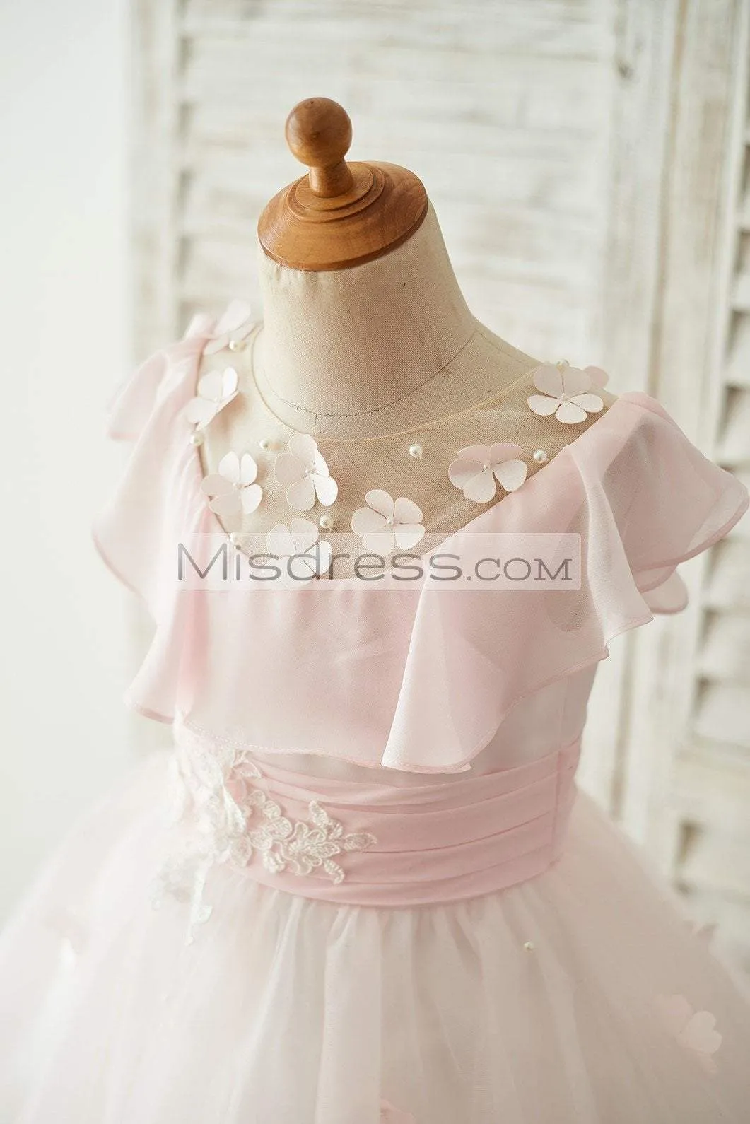 Pink Chiffon Tulle Sheer Neck Knee Length Wedding Flower Girl Dress, Frills