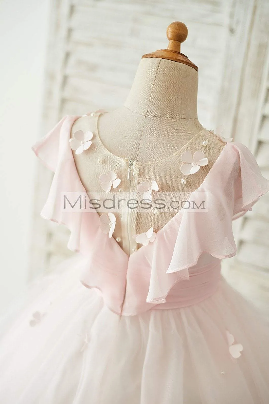 Pink Chiffon Tulle Sheer Neck Knee Length Wedding Flower Girl Dress, Frills