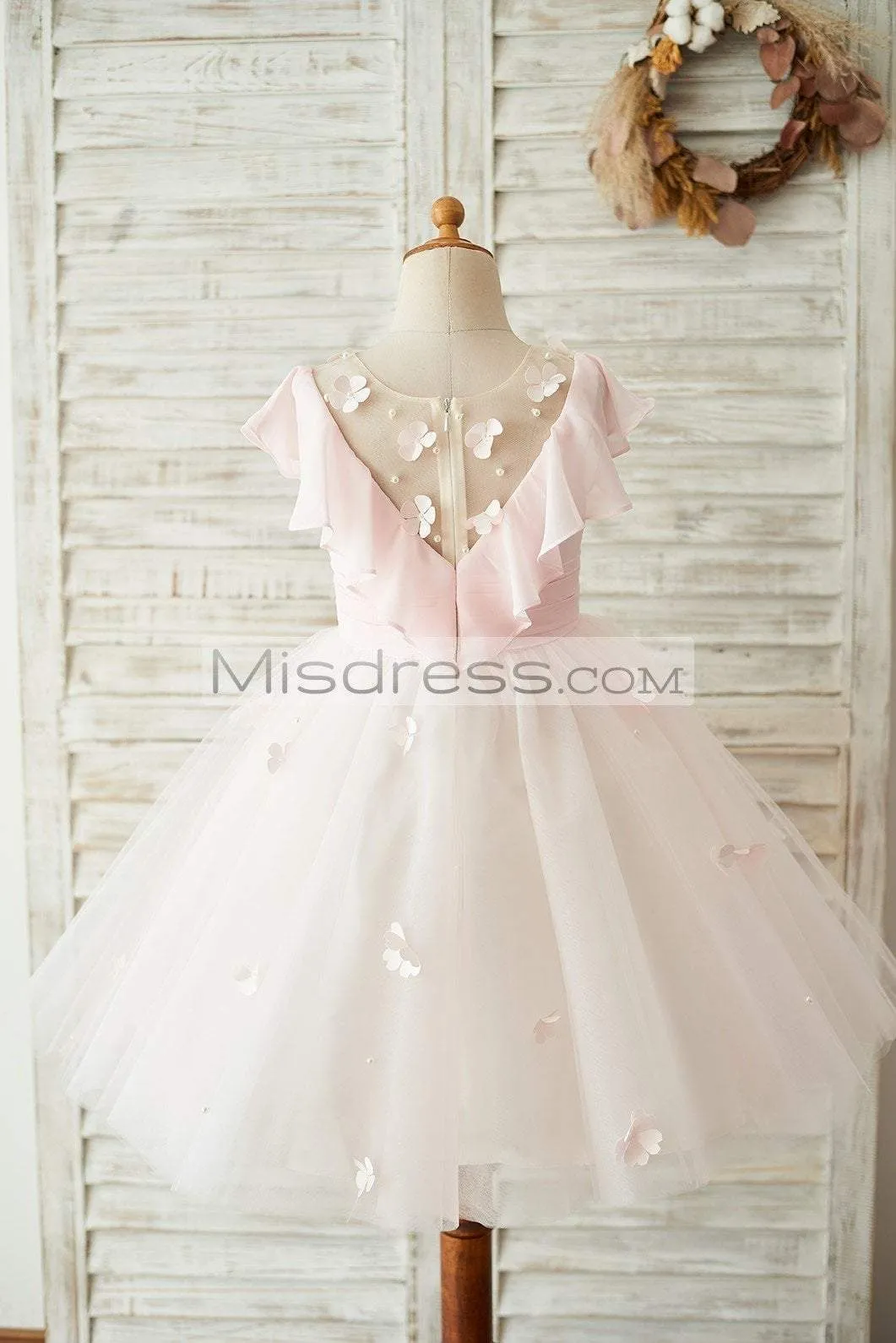 Pink Chiffon Tulle Sheer Neck Knee Length Wedding Flower Girl Dress, Frills