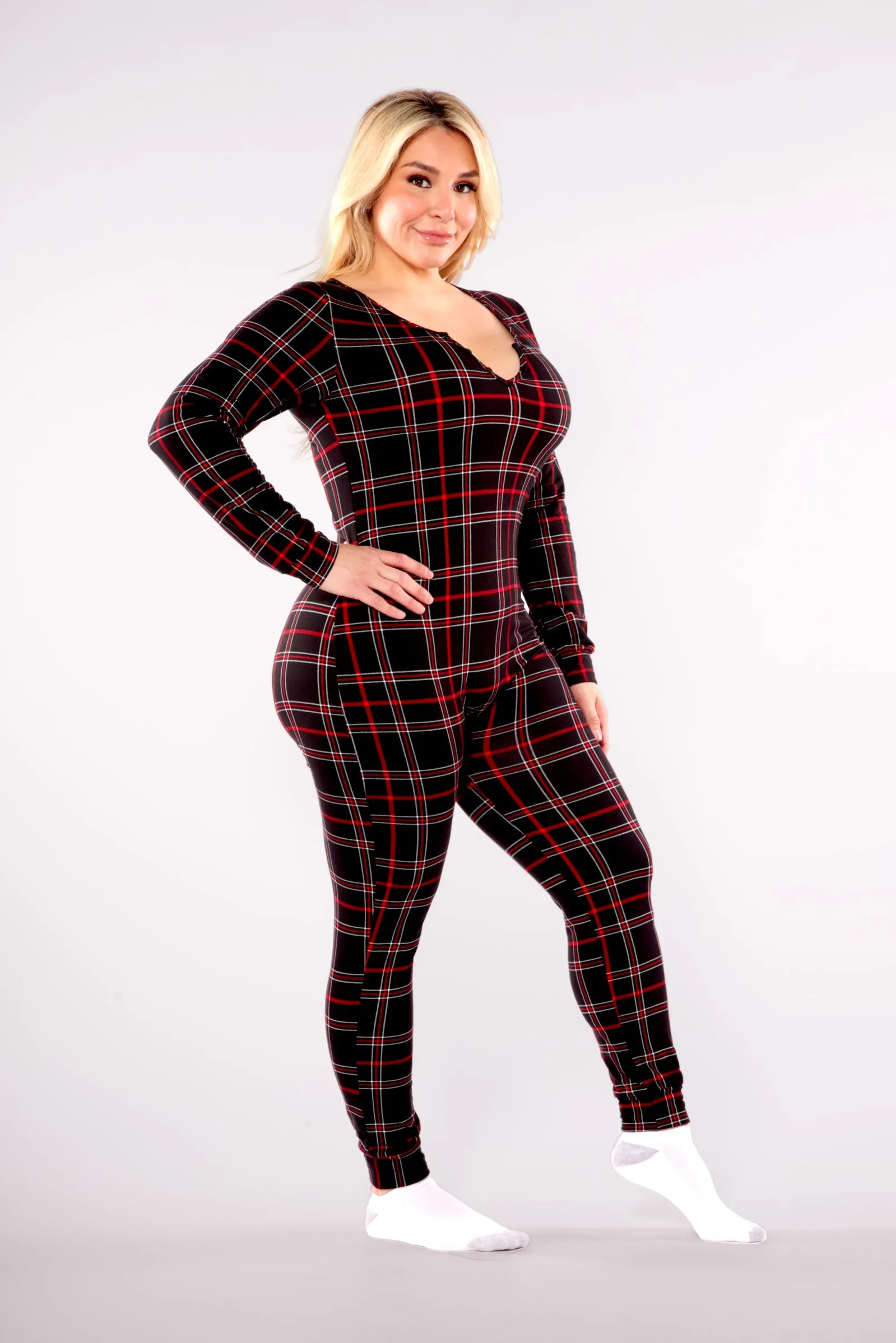 Plus Size Holiday Print Fleece Lined Jumpsuit Onesie - Black & Red Plaid