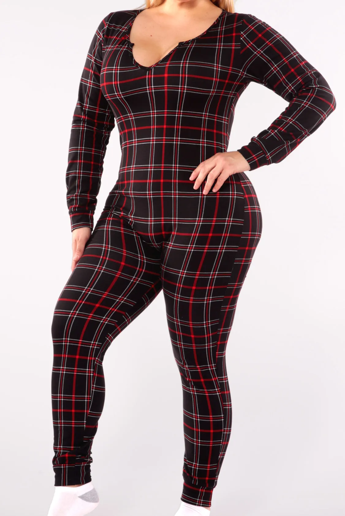 Plus Size Holiday Print Fleece Lined Jumpsuit Onesie - Black & Red Plaid