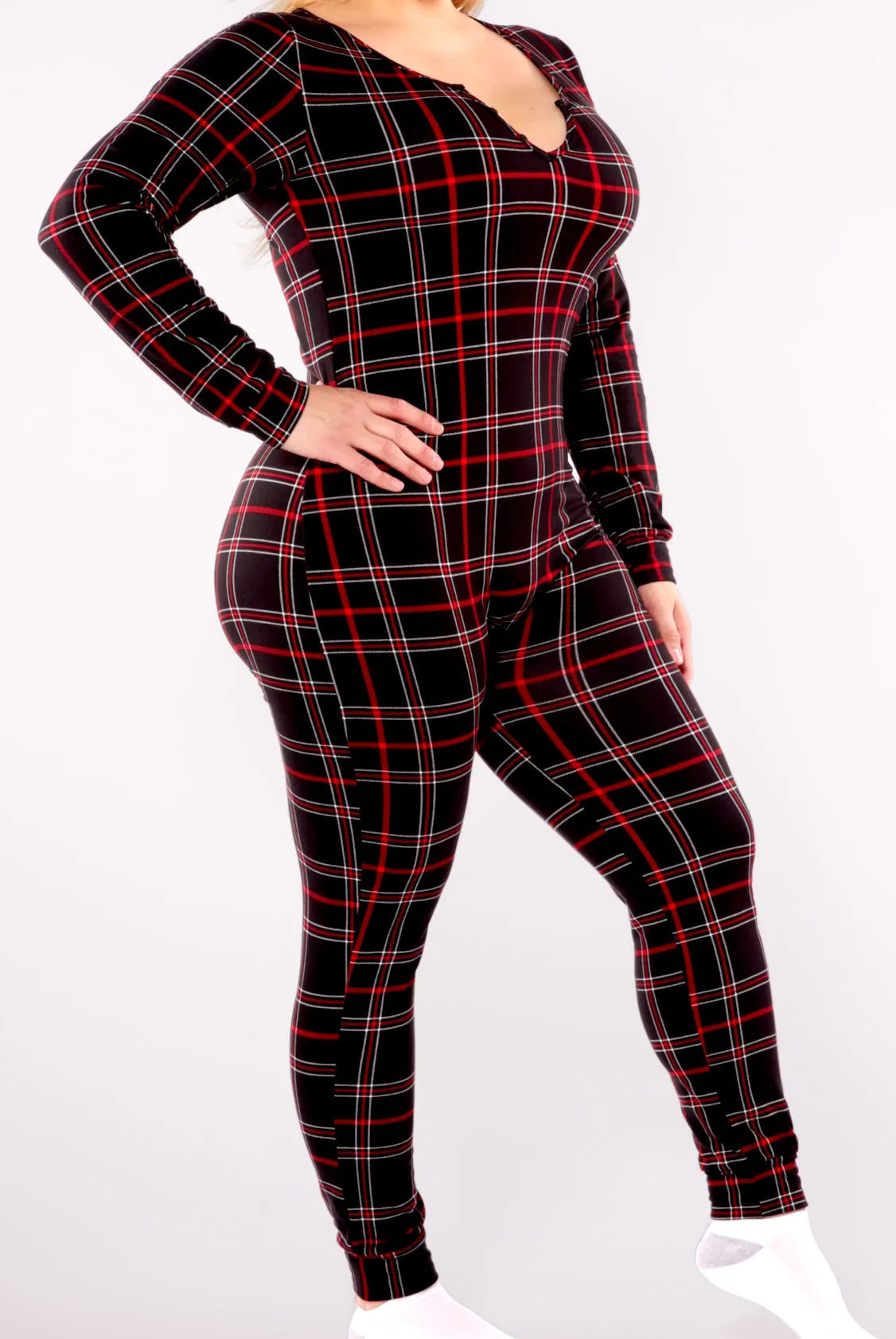 Plus Size Holiday Print Fleece Lined Jumpsuit Onesie - Black & Red Plaid