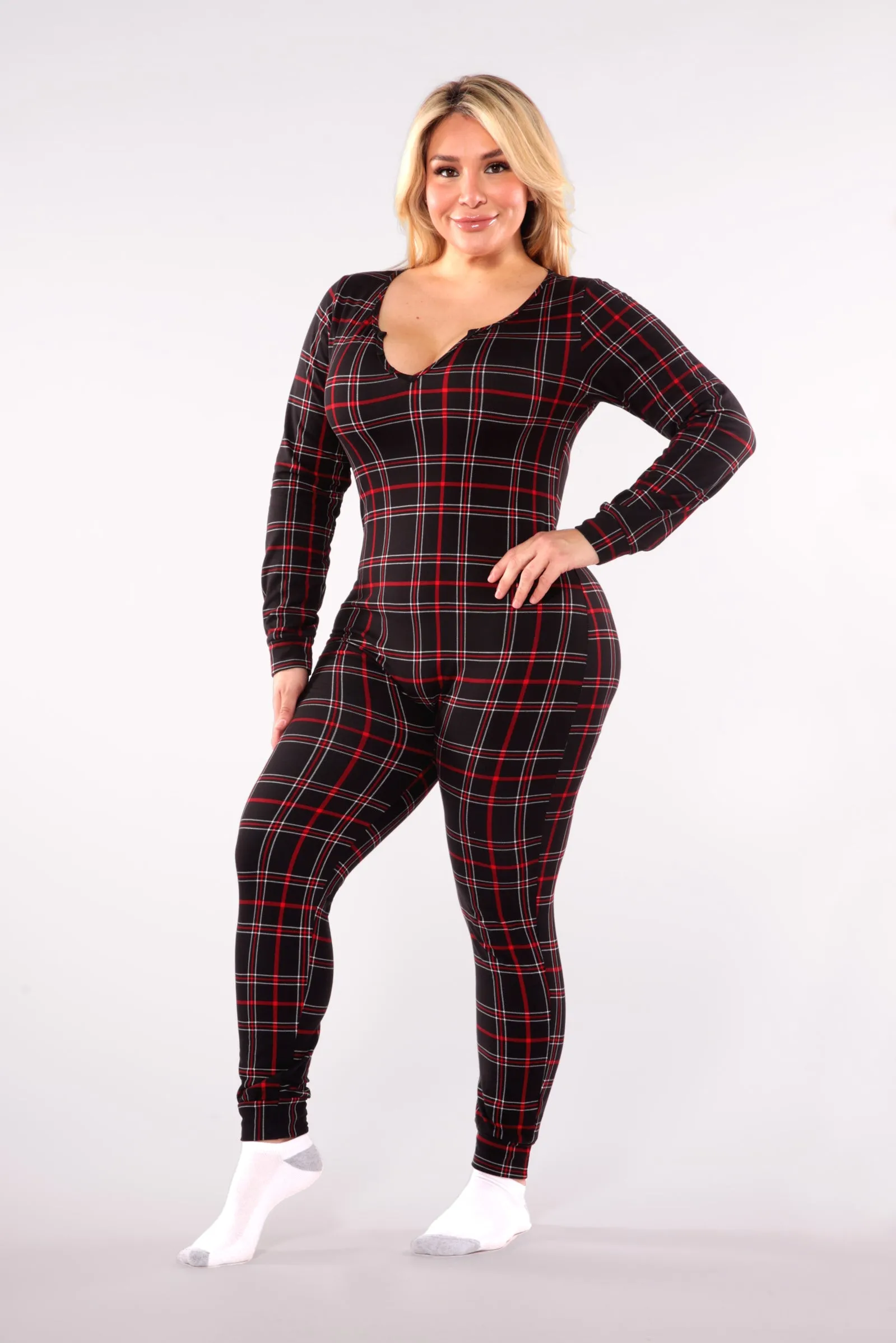 Plus Size Holiday Print Fleece Lined Jumpsuit Onesie - Black & Red Plaid