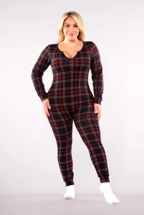 Plus Size Holiday Print Fleece Lined Jumpsuit Onesie - Black & Red Plaid