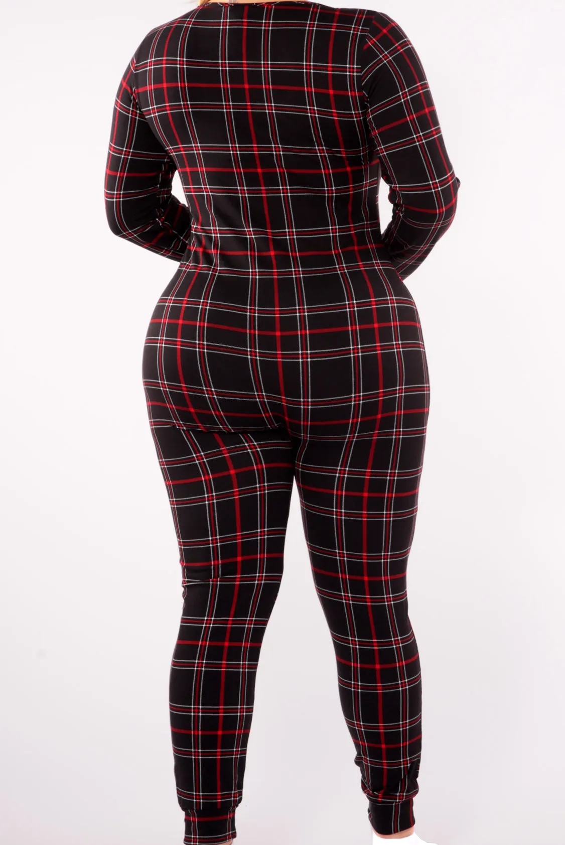 Plus Size Holiday Print Fleece Lined Jumpsuit Onesie - Black & Red Plaid