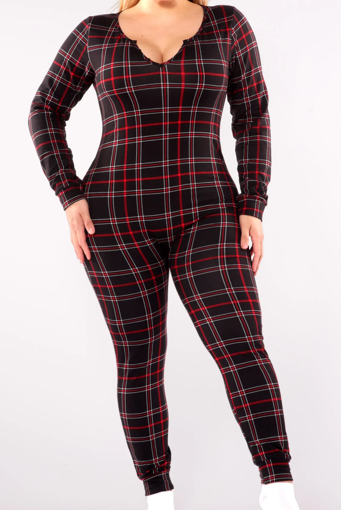 Plus Size Holiday Print Fleece Lined Jumpsuit Onesie - Black & Red Plaid