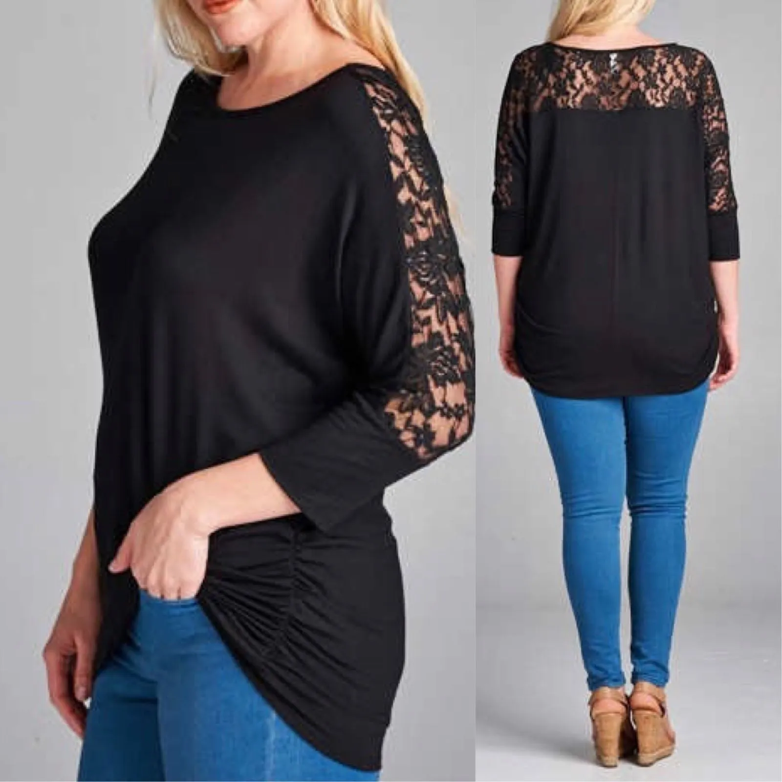 Plus Size Tunic Top Shirt Lace 3/4 Sleeve Casual Ruched Royal Blue