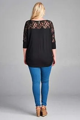 Plus Size Tunic Top Shirt Lace 3/4 Sleeve Casual Ruched Royal Blue