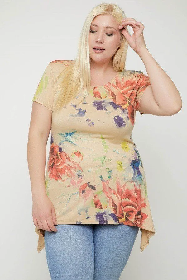 Plus Size Watercolor Flower Print Tunic