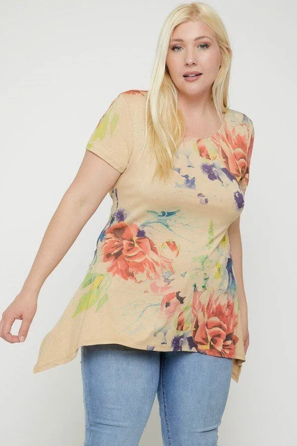 Plus Size Watercolor Flower Print Tunic