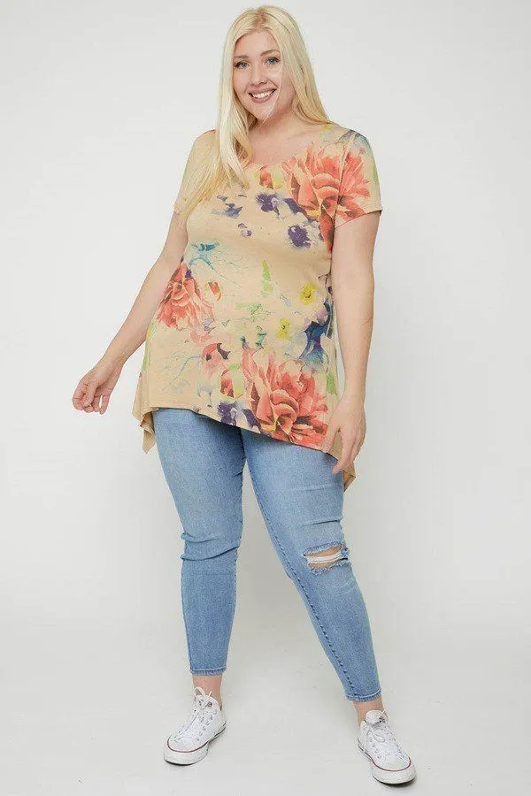 Plus Size Watercolor Flower Print Tunic