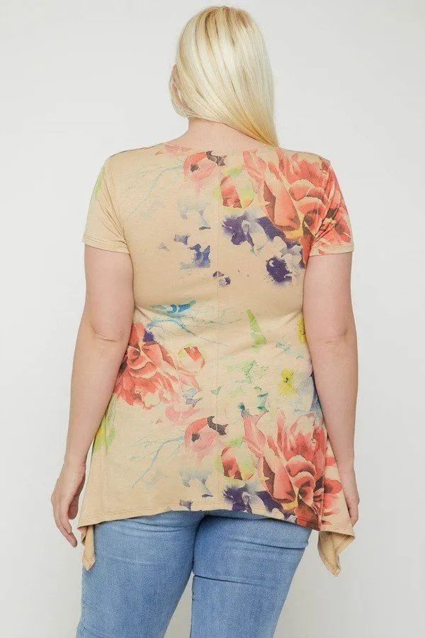 Plus Size Watercolor Flower Print Tunic