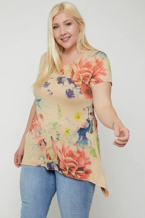 Plus Size Watercolor Flower Print Tunic